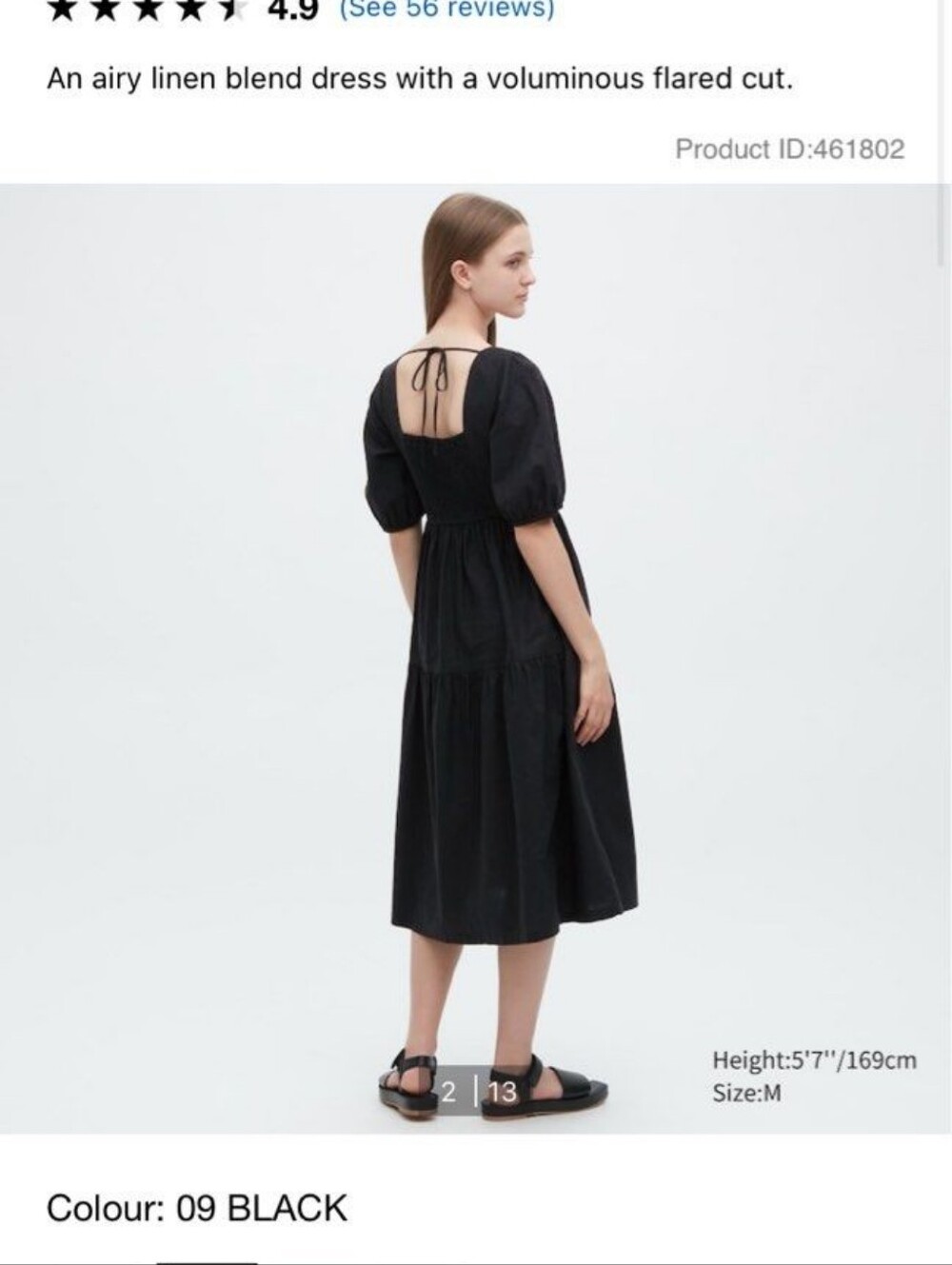 Classic Black Puff-Sleeve Midi Dress Uniqlo 100% linen size smaml